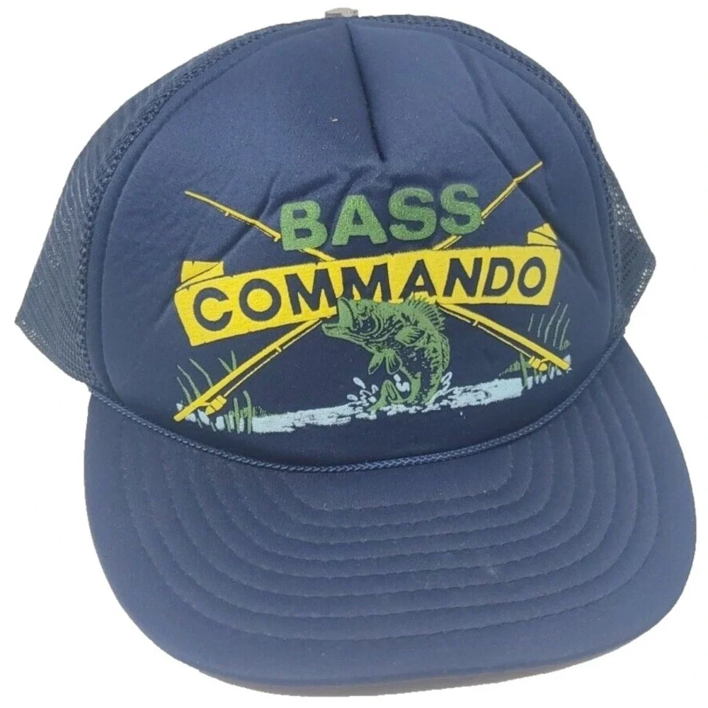 Vintage Snapback Mesh Truckers Cap Bass Commando Hat Dark Blue